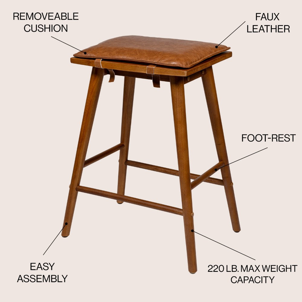 Skystag 26" MidCentury Classic Saddle-Seat Solid Wood/Vegan Leather Backless Counter Stool with Removeable Cushion