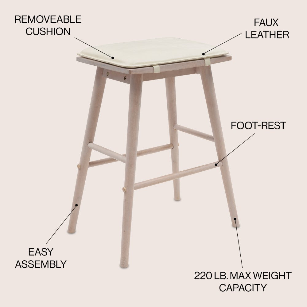 Skystag 26" MidCentury Classic Saddle-Seat Solid Wood/Vegan Leather Backless Counter Stool with Removeable Cushion
