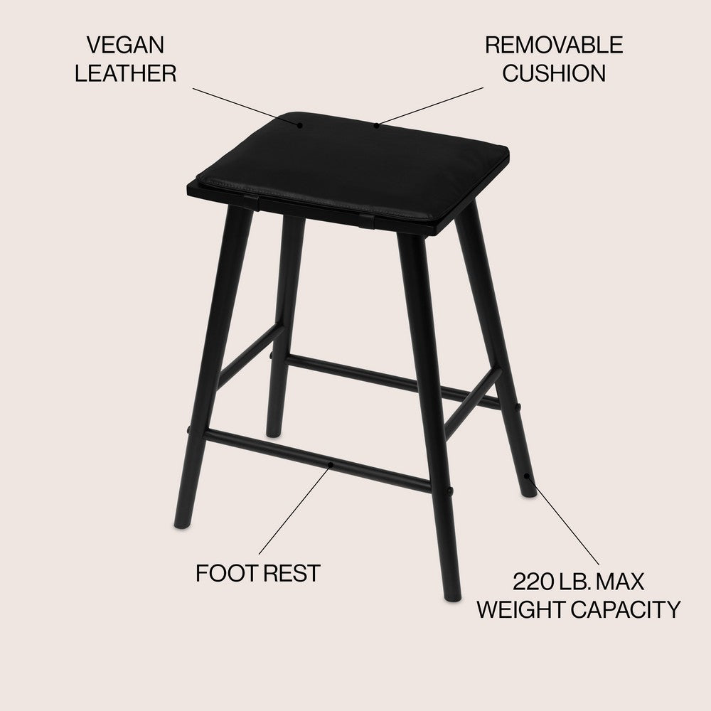 Skystag 26" MidCentury Classic Saddle-Seat Solid Wood/Vegan Leather Backless Counter Stool with Removeable Cushion