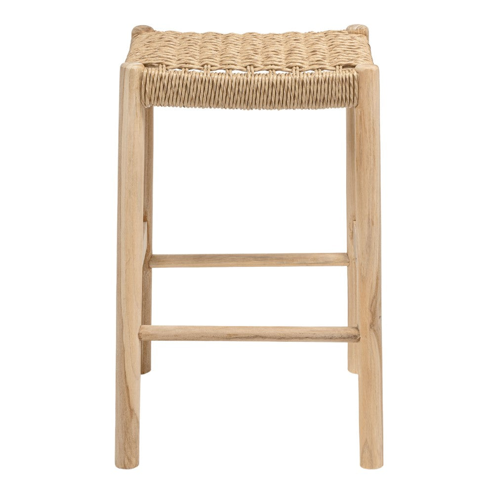 Caldor 25.5" Coastal Casual Handcrafted Teak Wood Backless Indoor/Outdoor Counter Stool with Synthetic Woven Seat