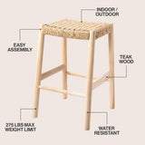 Caldor 25.5" Coastal Casual Handcrafted Teak Wood Backless Indoor/Outdoor Counter Stool with Synthetic Woven Seat