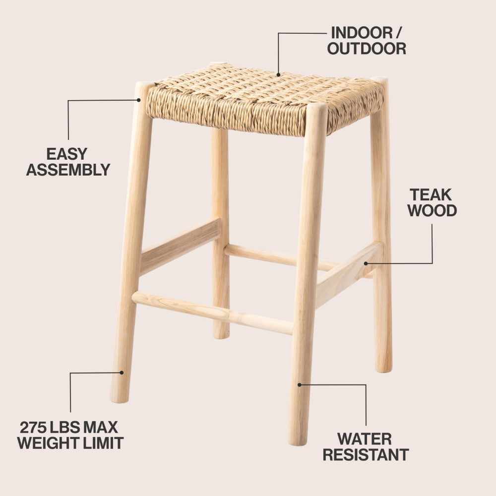 Elvora Coastal Casual Handcrafted Teak Wood Backless Indoor/Outdoor Bar Stool with Synthetic Woven Seat