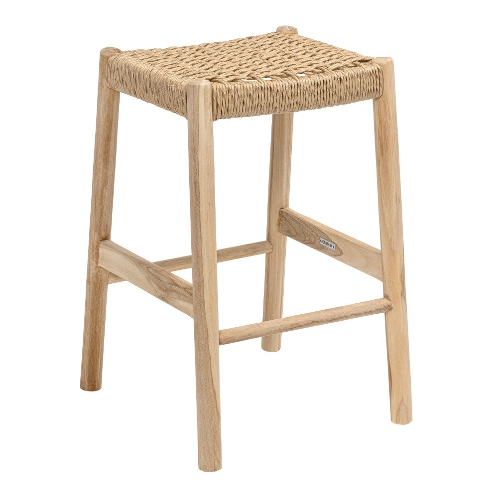 Elvora Coastal Casual Handcrafted Teak Wood Backless Indoor/Outdoor Bar Stool with Synthetic Woven Seat