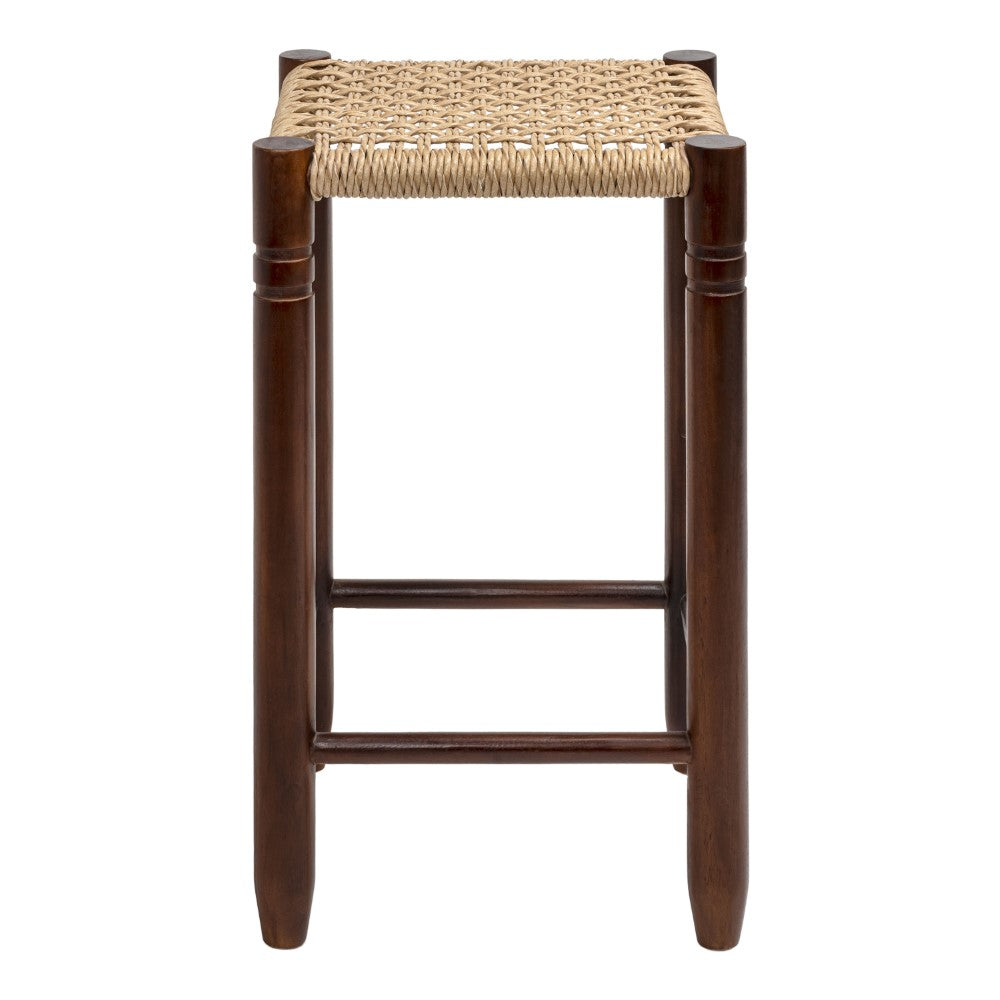 Caldor Coastal Casual Handcrafted Teak Wood Backless Indoor/Outdoor Counter Stool with Synthetic Woven Seat