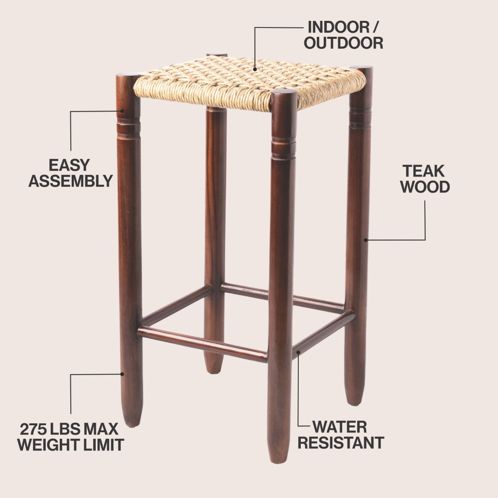 Caldor Coastal Casual Handcrafted Teak Wood Backless Indoor/Outdoor Counter Stool with Synthetic Woven Seat