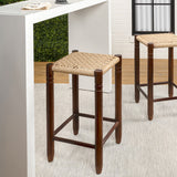 Caldor Coastal Casual Handcrafted Teak Wood Backless Indoor/Outdoor Counter Stool with Synthetic Woven Seat