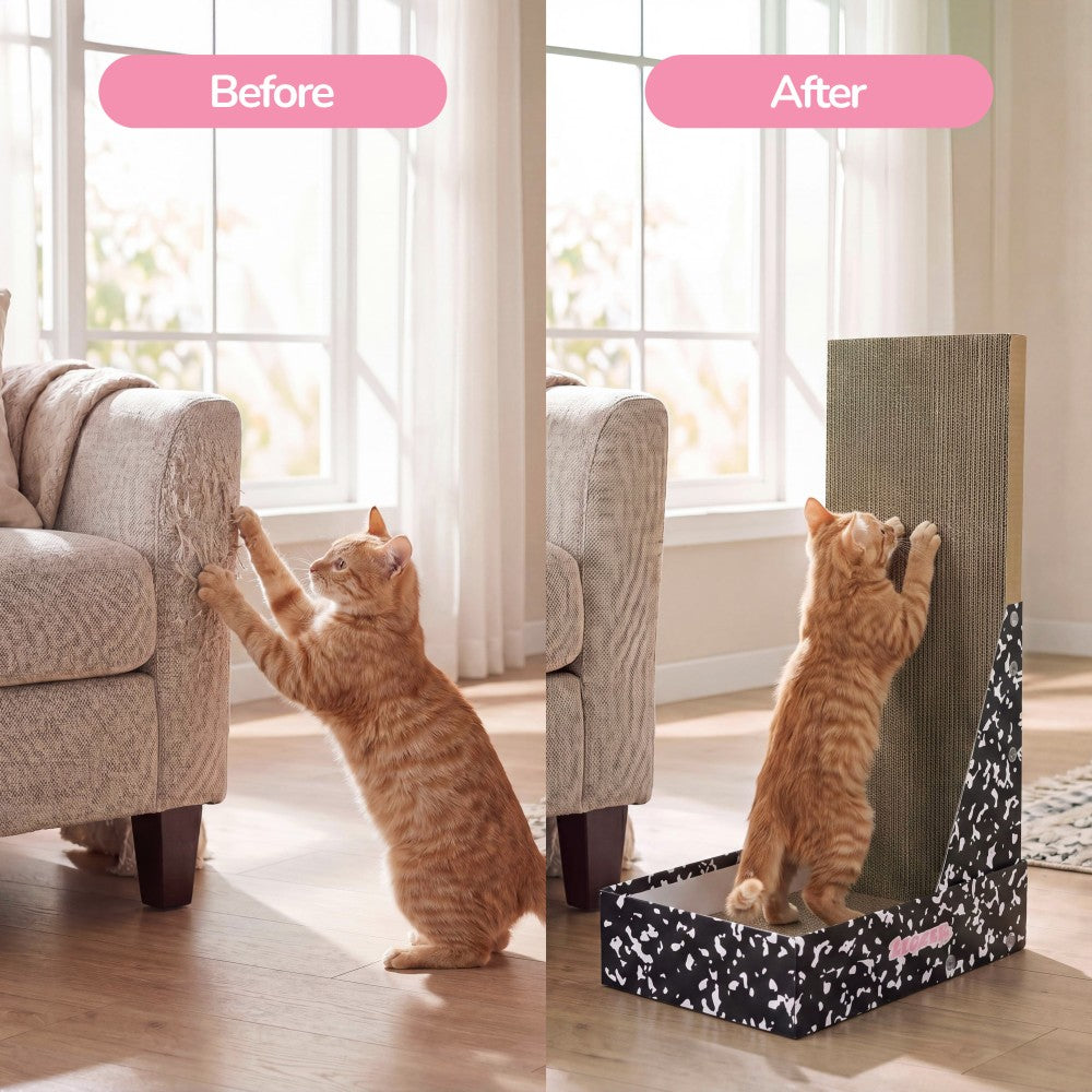Pawzy 23.8" Modern L Shaped Vertical Cardboard Cat Scratcher Stand with Catnip