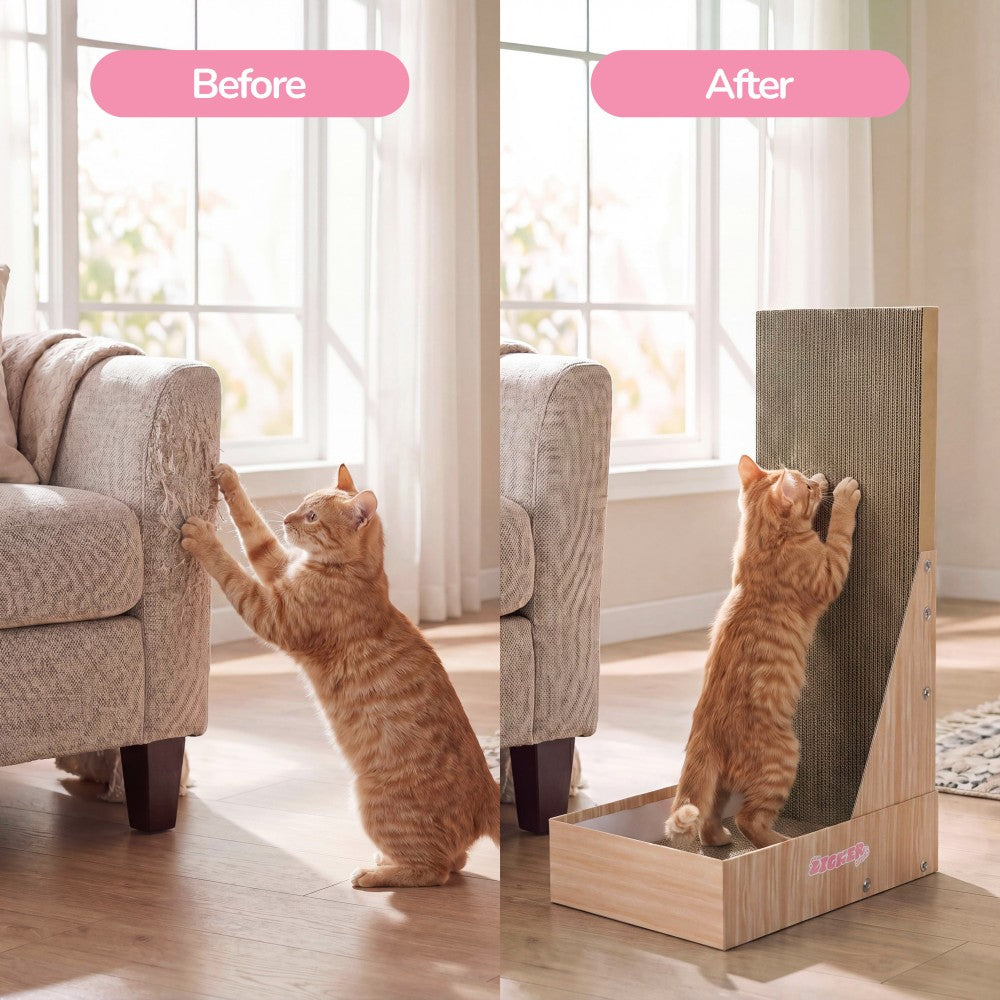 Pawzy 23.8" Modern L Shaped Vertical Cardboard Cat Scratcher Stand with Catnip
