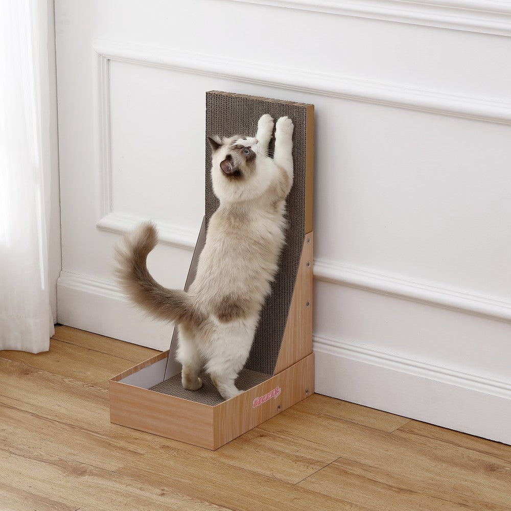 Pawzy 23.8" Modern L Shaped Vertical Cardboard Cat Scratcher Stand with Catnip