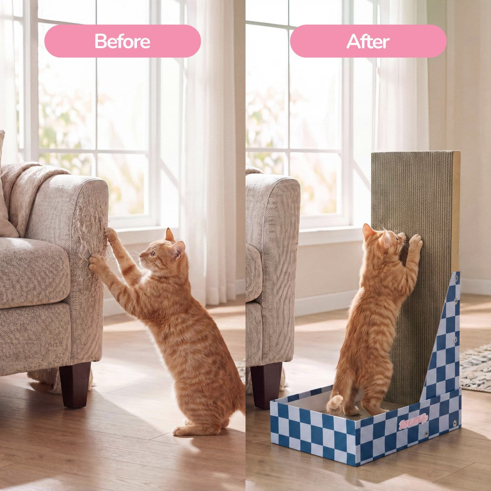 Pawzy 23.8" Modern L Shaped Vertical Cardboard Cat Scratcher Stand with Catnip