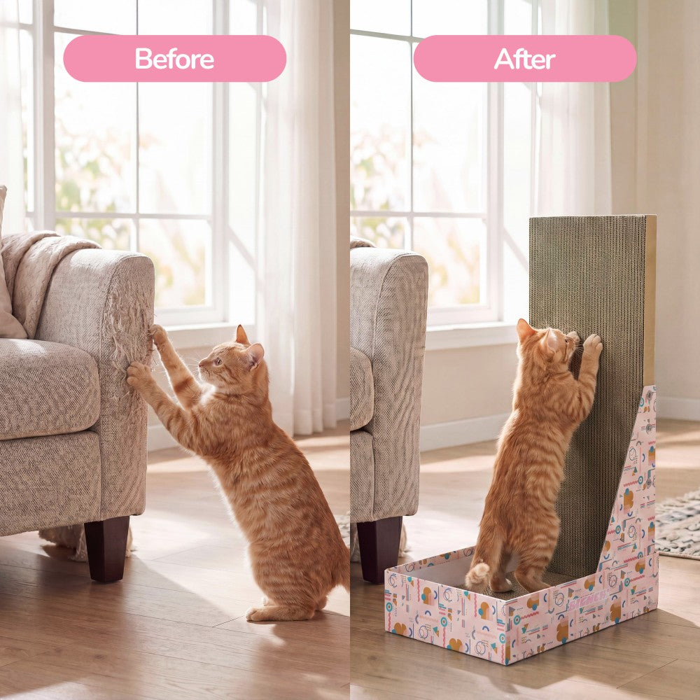 Pawzy 23.8" Modern L Shaped Vertical Cardboard Cat Scratcher Stand with Catnip
