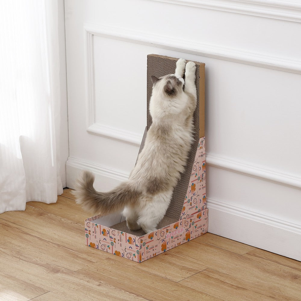 Pawzy 23.8" Modern L Shaped Vertical Cardboard Cat Scratcher Stand with Catnip