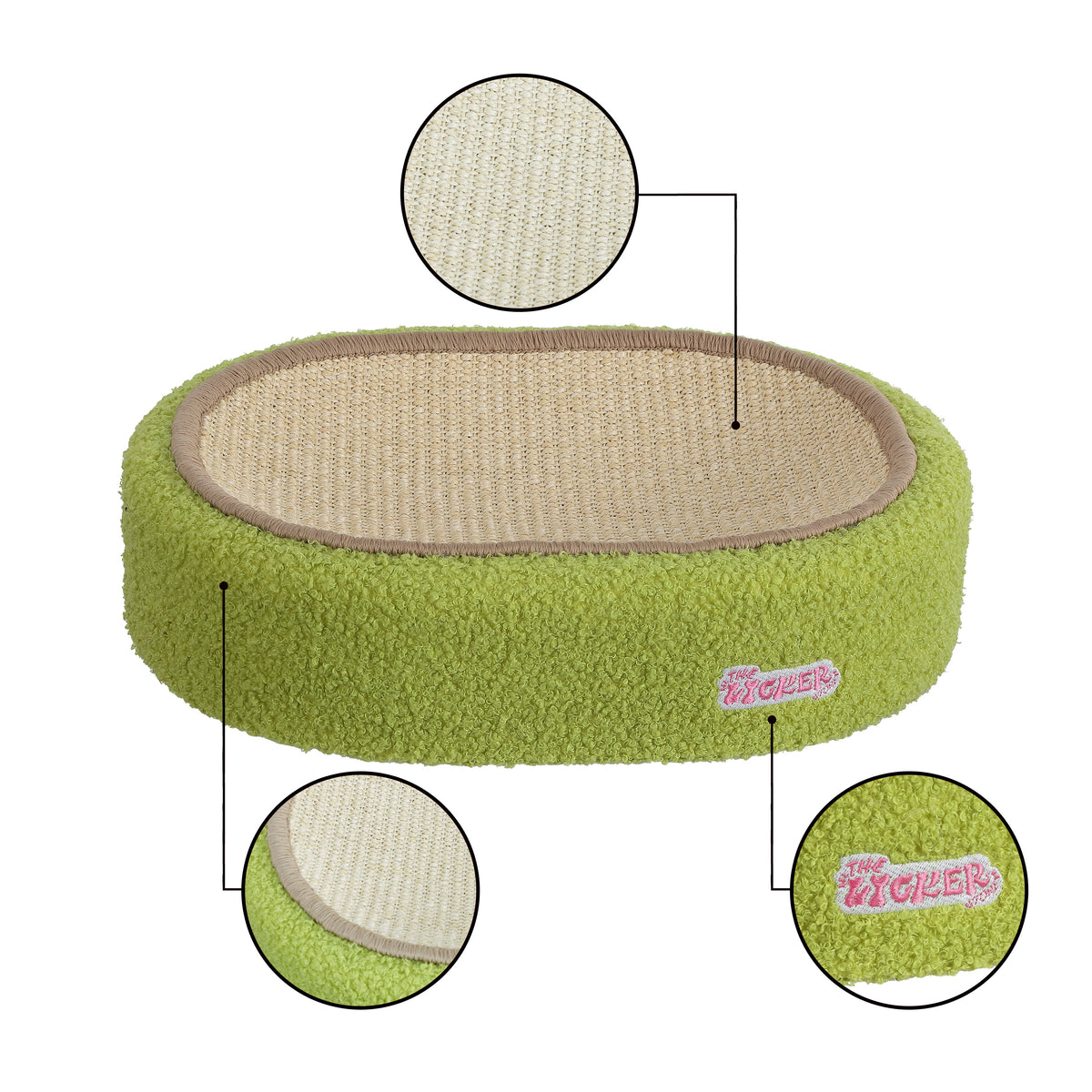 Jude 16 in. Modern Oval Sisal Cat Scratcher Lounge Bed with Soft Bouclé Raised Edge - Green