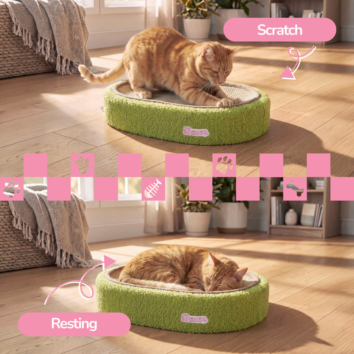 Jude 16 in. Modern Oval Sisal Cat Scratcher Lounge Bed with Soft Bouclé Raised Edge - Green