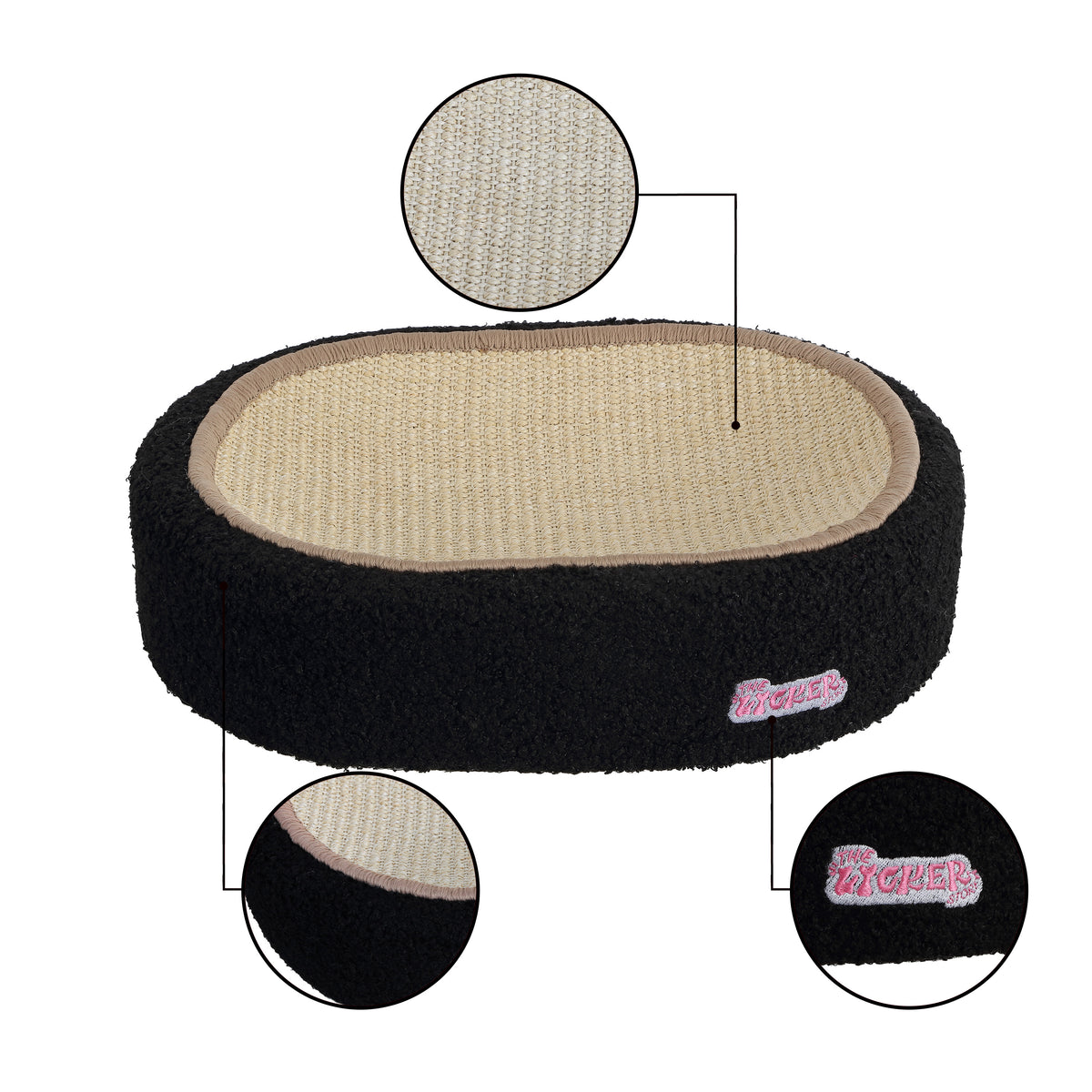 Jude 16 in. Modern Oval Sisal Cat Scratcher Lounge Bed with Soft Bouclé Raised Edge - Black