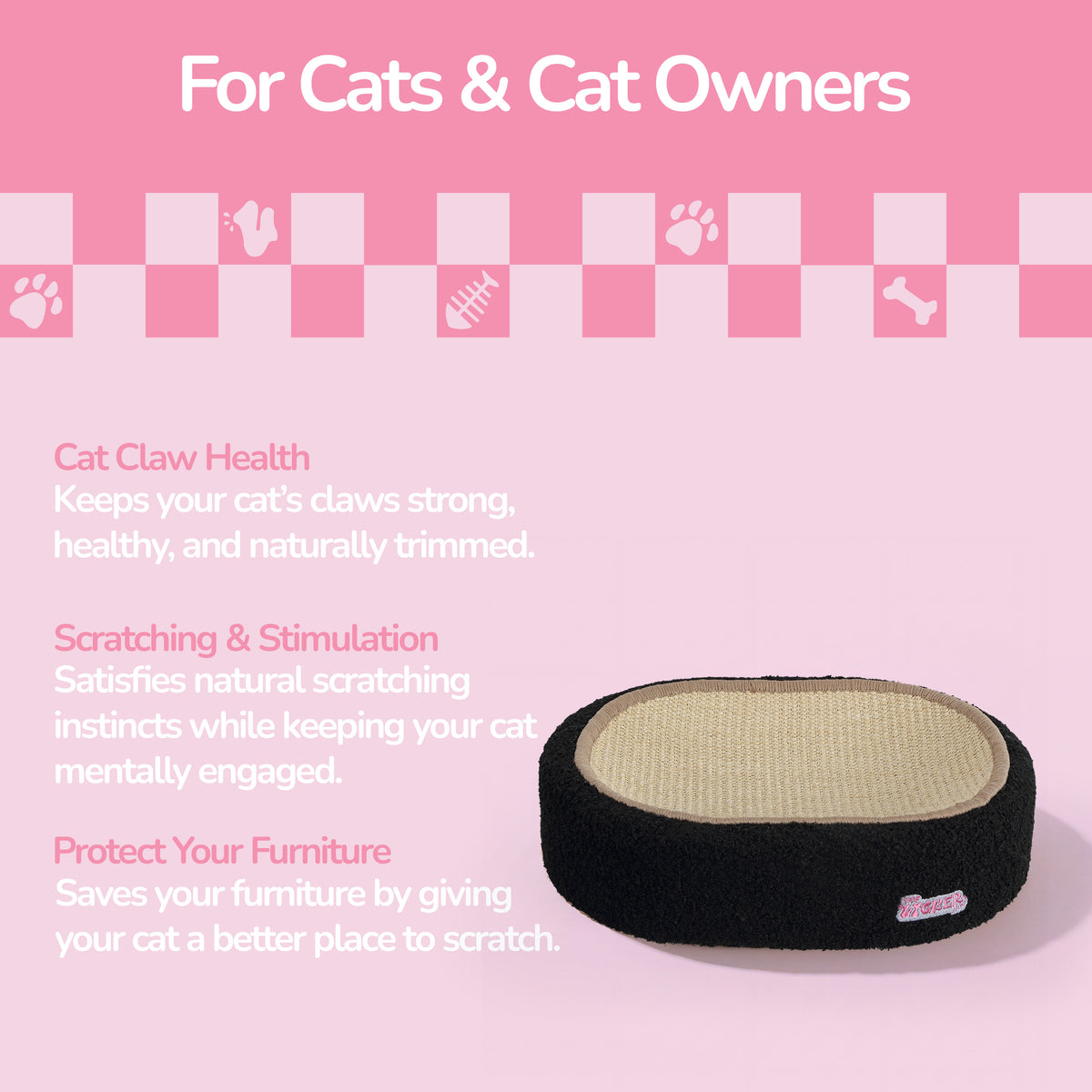 Jude 16 in. Modern Oval Sisal Cat Scratcher Lounge Bed with Soft Bouclé Raised Edge - Black