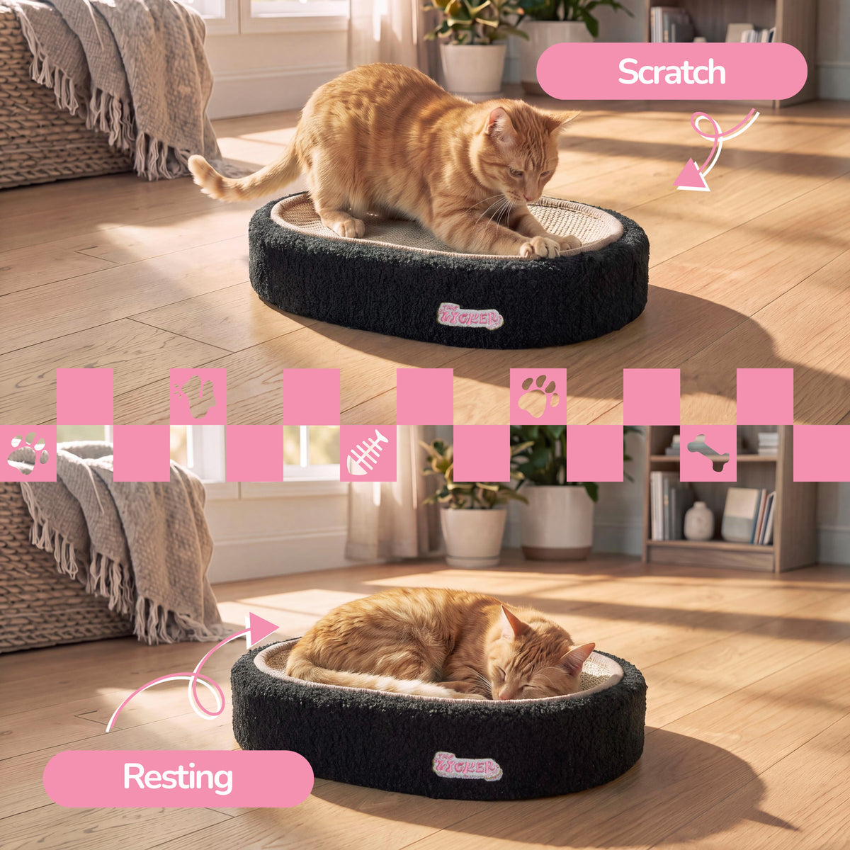 Jude 16 in. Modern Oval Sisal Cat Scratcher Lounge Bed with Soft Bouclé Raised Edge - Black