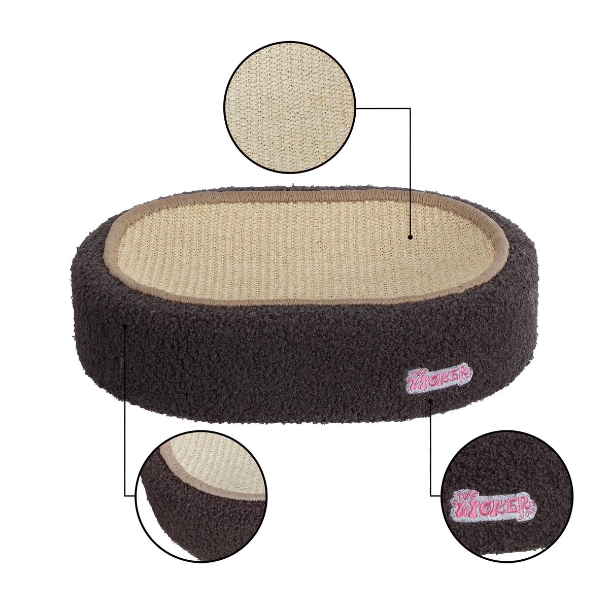 Jude 16 in. Modern Oval Sisal Cat Scratcher Lounge Bed with Soft Bouclé Raised Edge - Dark Gray