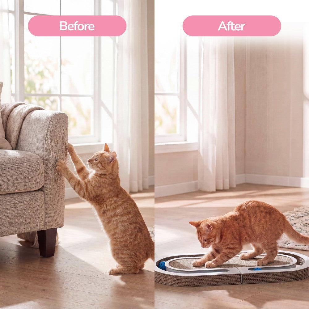 Furrio 26” Foldable Double Sided Interactive Cardboard Cat Scratcher Lounge Pad with Ball and Catnip