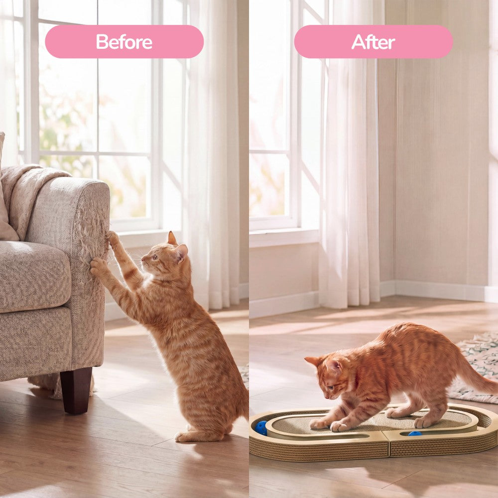 Furrio 26” Foldable Double Sided Interactive Cardboard Cat Scratcher Lounge Pad with Ball and Catnip