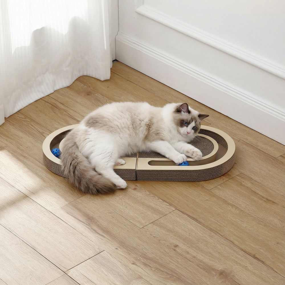 Furrio 26” Foldable Double Sided Interactive Cardboard Cat Scratcher Lounge Pad with Ball and Catnip
