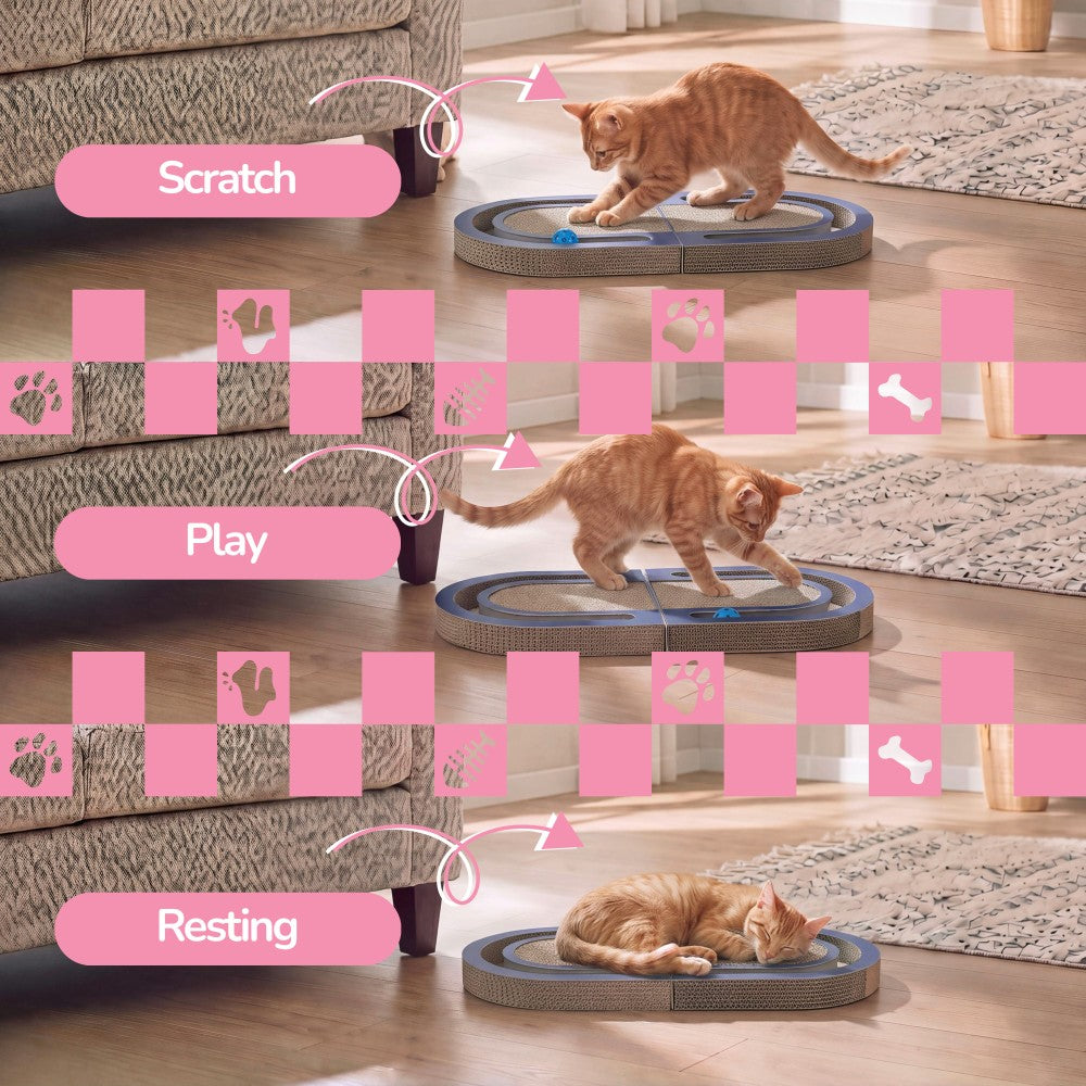Furrio 26” Foldable Double Sided Interactive Cardboard Cat Scratcher Lounge Pad with Ball and Catnip