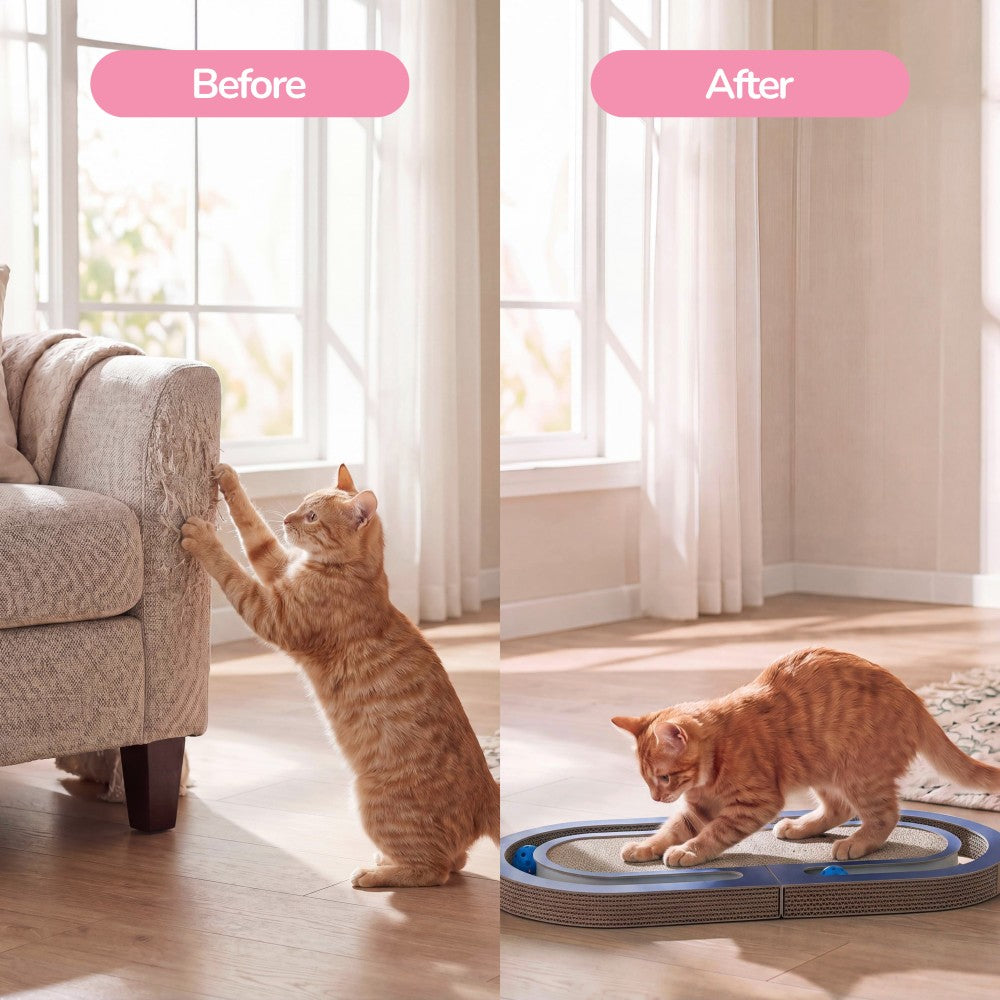 Furrio 26” Foldable Double Sided Interactive Cardboard Cat Scratcher Lounge Pad with Ball and Catnip
