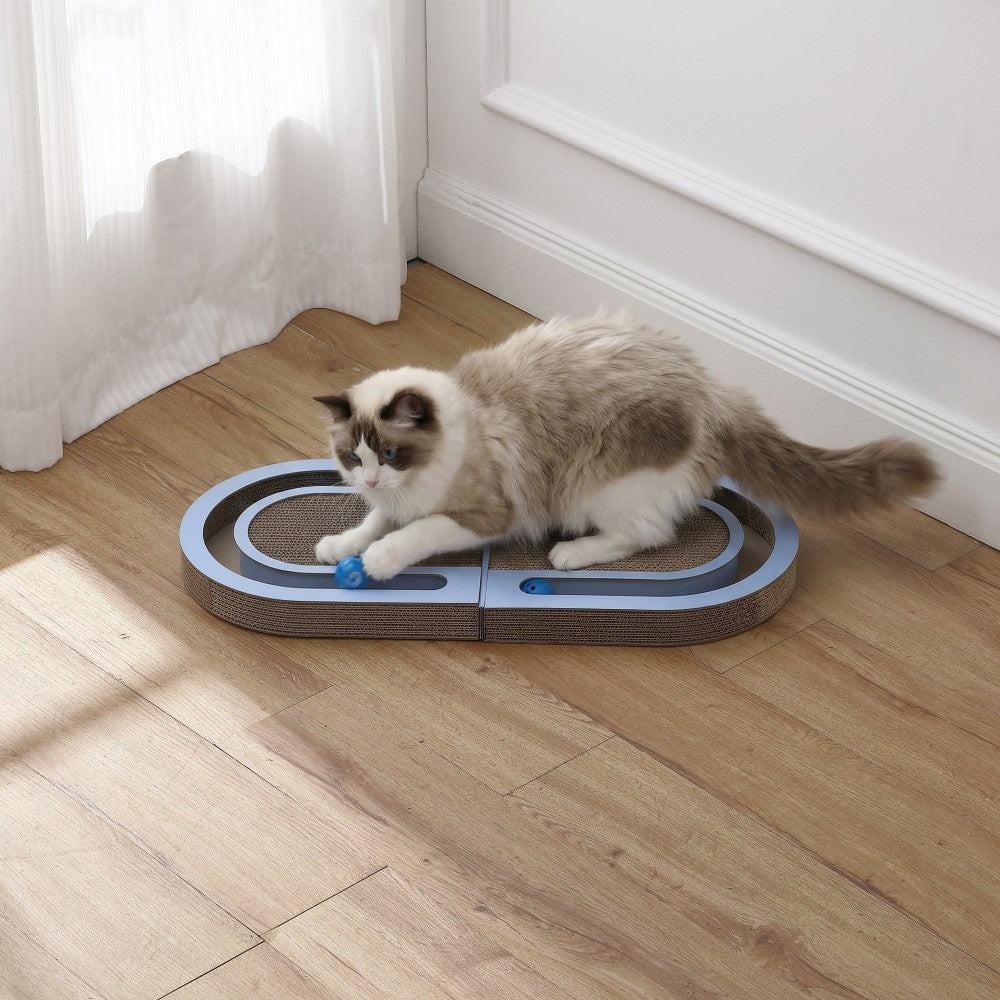 Furrio 26” Foldable Double Sided Interactive Cardboard Cat Scratcher Lounge Pad with Ball and Catnip