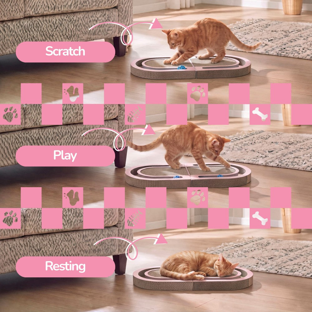Furrio 26” Foldable Double Sided Interactive Cardboard Cat Scratcher Lounge Pad with Ball and Catnip