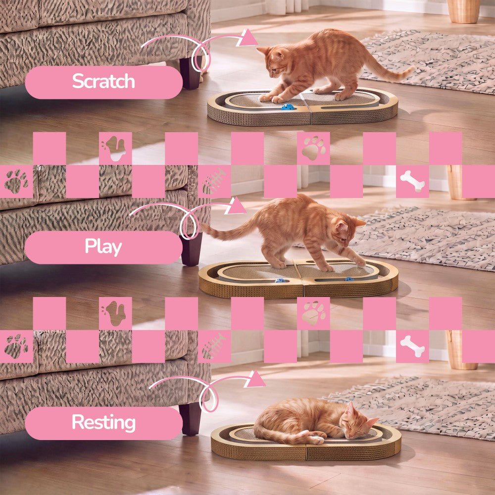 Furrio 26” Foldable Double Sided Interactive Cardboard Cat Scratcher Lounge Pad with Ball and Catnip