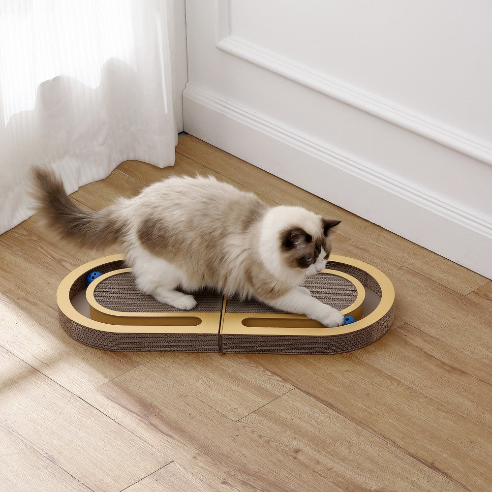 Furrio 26” Foldable Double Sided Interactive Cardboard Cat Scratcher Lounge Pad with Ball and Catnip
