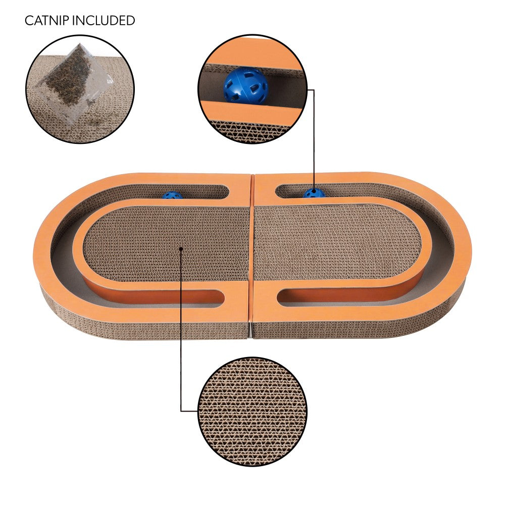 Furrio 26” Foldable Double Sided Interactive Cardboard Cat Scratcher Lounge Pad with Ball and Catnip