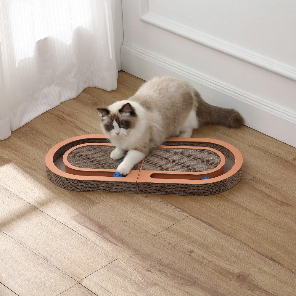 Furrio 26” Foldable Double Sided Interactive Cardboard Cat Scratcher Lounge Pad with Ball and Catnip