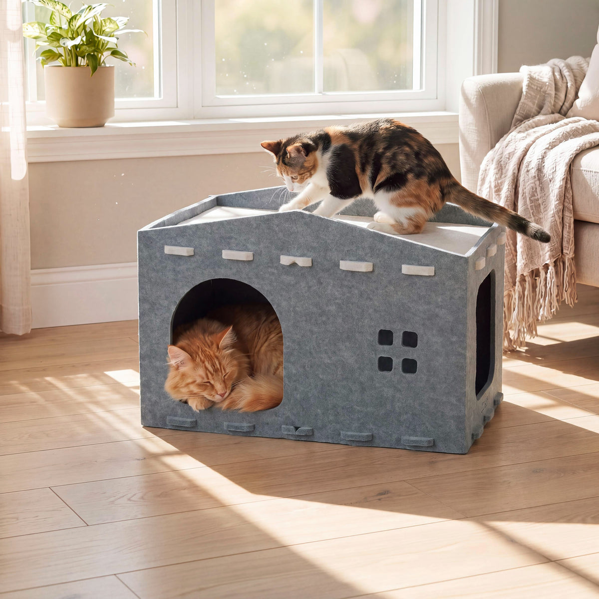 Graham 20.5 in. Modern Minimalist Felt Cat House with Rooftop Lounge Bed - Gray