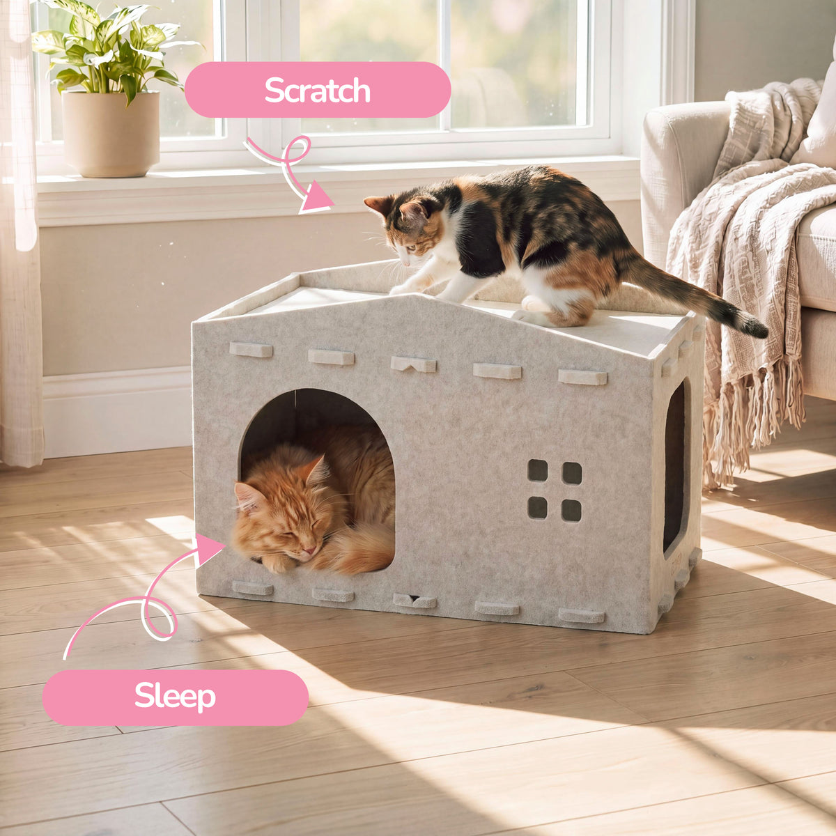 Graham 20.5 in. Modern Minimalist Felt Cat House with Rooftop Lounge Bed - Khaki