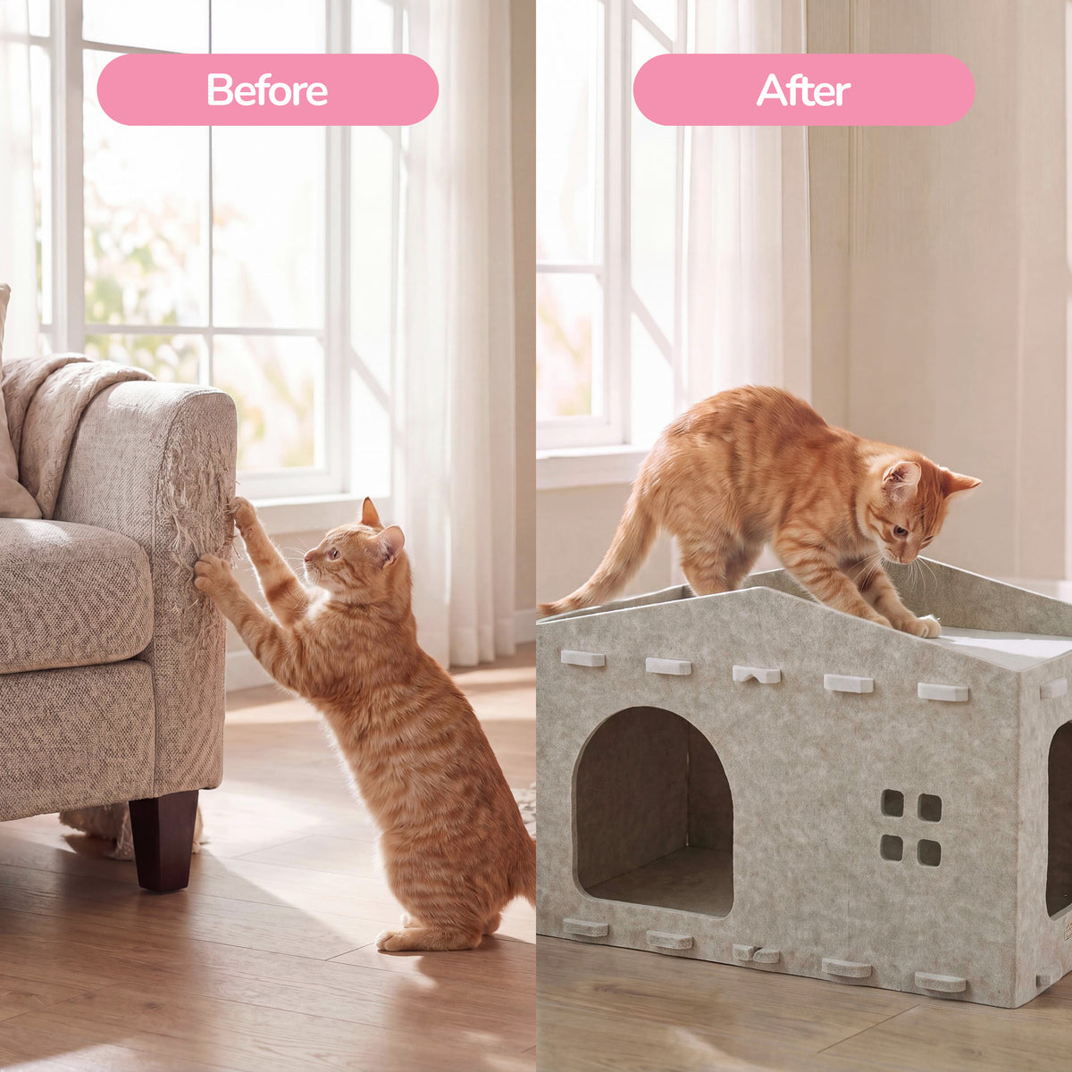 Graham 20.5 in. Modern Minimalist Felt Cat House with Rooftop Lounge Bed - Khaki