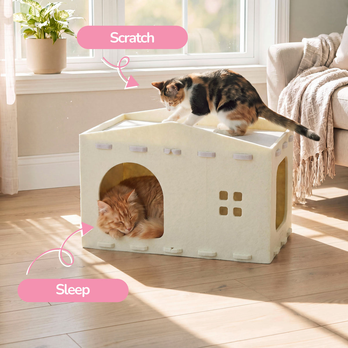 Graham 20.5 in. Modern Minimalist Felt Cat House with Rooftop Lounge Bed - Buttercream