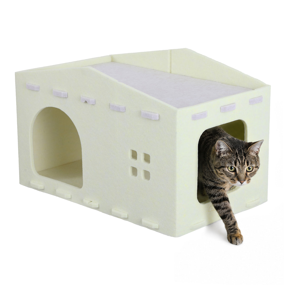 Graham 20.5 in. Modern Minimalist Felt Cat House with Rooftop Lounge Bed - Buttercream