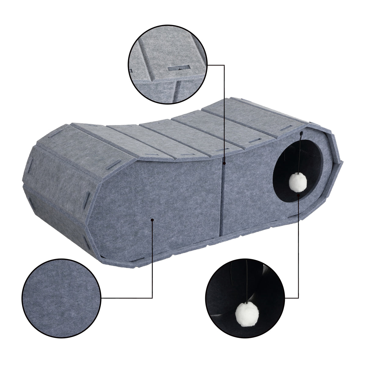Miles 28 in. Modern Felt Cat Bed Cave Tunnel Scratcher and Lounge Bed with Hanging Ball Toy - Gray