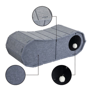 Miles 28 in. Modern Felt Cat Bed Cave Tunnel Scratcher and Lounge Bed with Hanging Ball Toy - Gray