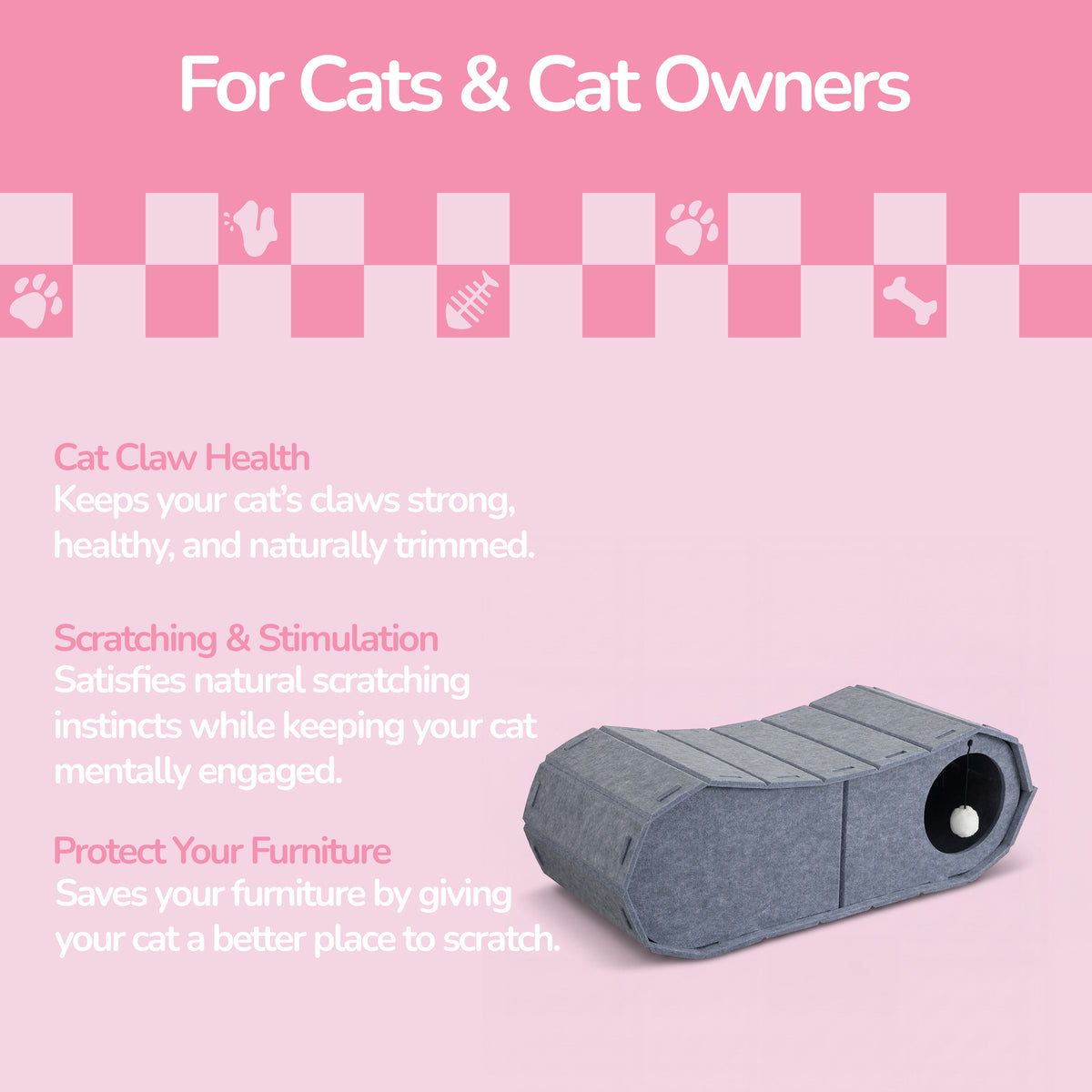 Miles 28 in. Modern Felt Cat Bed Cave Tunnel Scratcher and Lounge Bed with Hanging Ball Toy - Gray