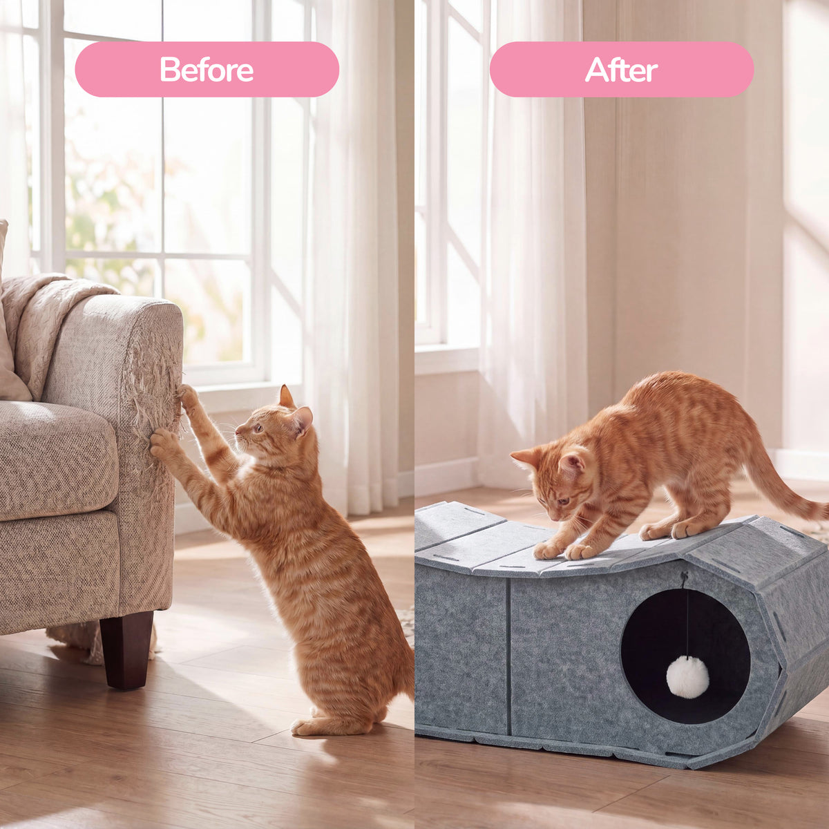 Miles 28 in. Modern Felt Cat Bed Cave Tunnel Scratcher and Lounge Bed with Hanging Ball Toy - Gray