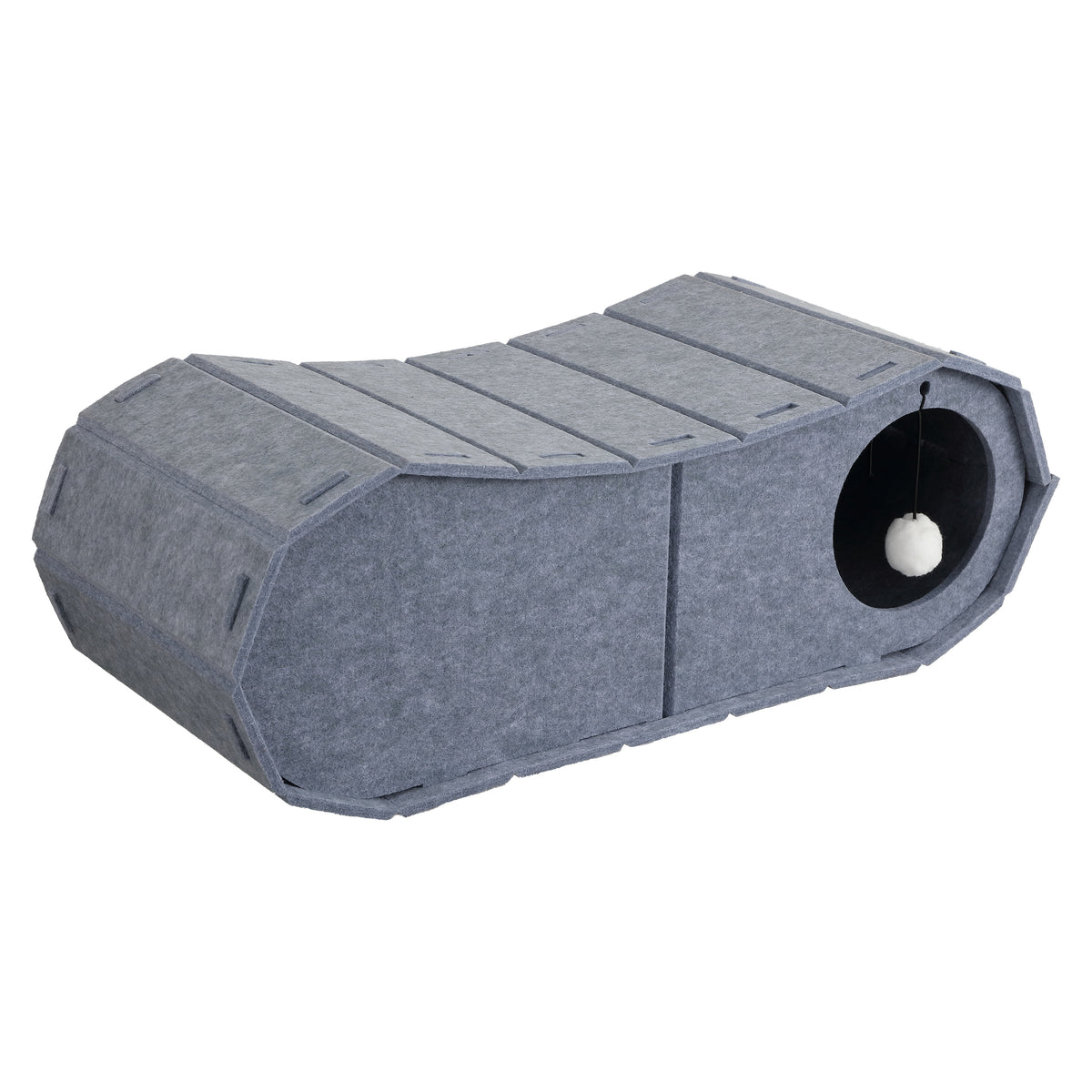 Miles 28 in. Modern Felt Cat Bed Cave Tunnel Scratcher and Lounge Bed with Hanging Ball Toy - Gray
