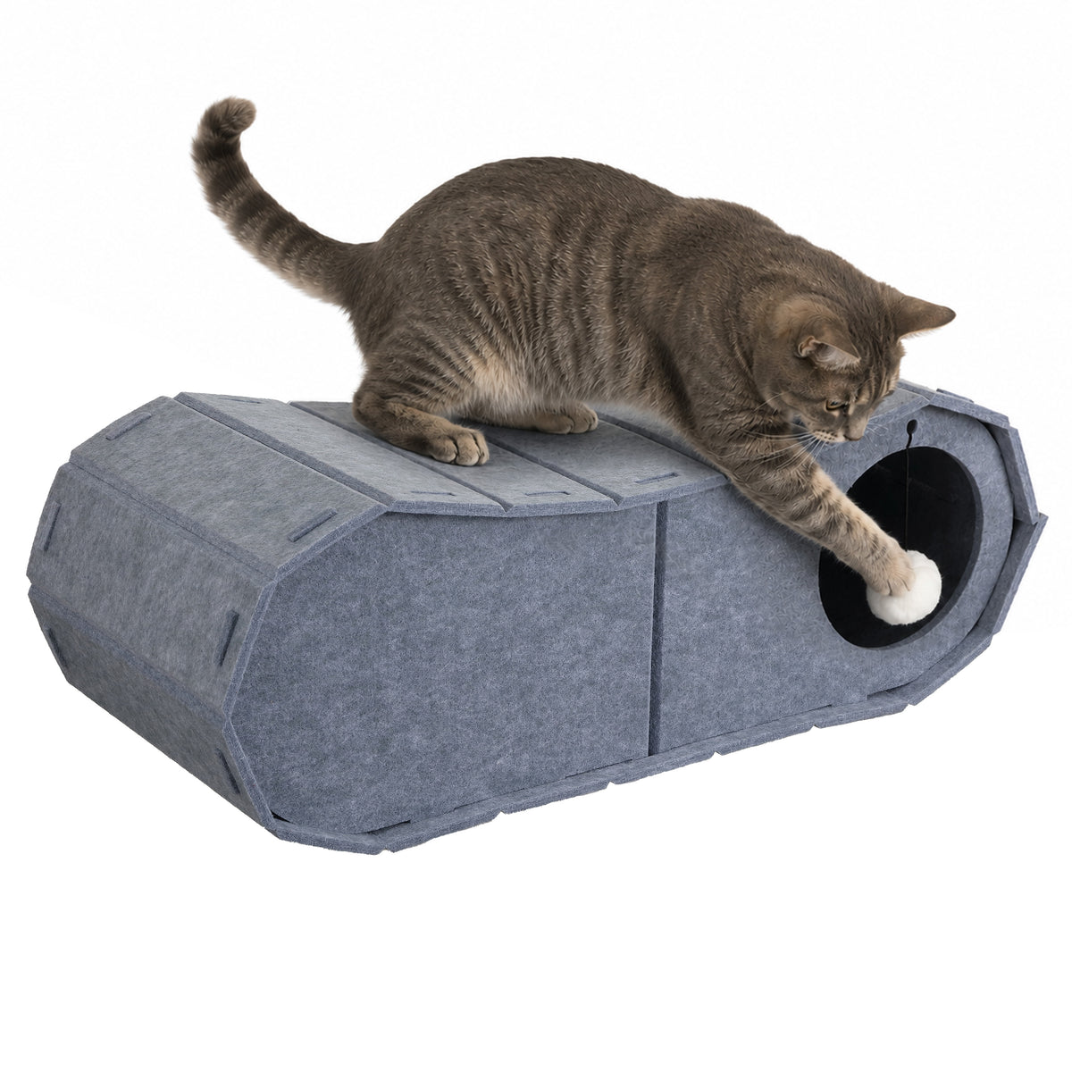 Miles 28 in. Modern Felt Cat Bed Cave Tunnel Scratcher and Lounge Bed with Hanging Ball Toy - Gray