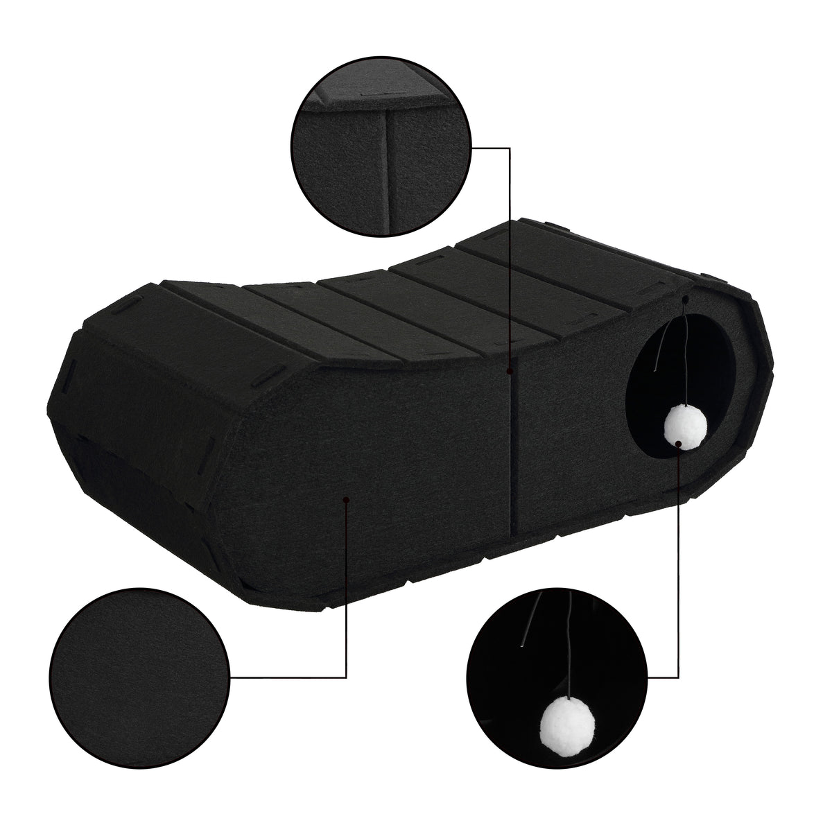 Miles 28 in. Modern Felt Cat Bed Cave Tunnel Scratcher and Lounge Bed with Hanging Ball Toy - Black