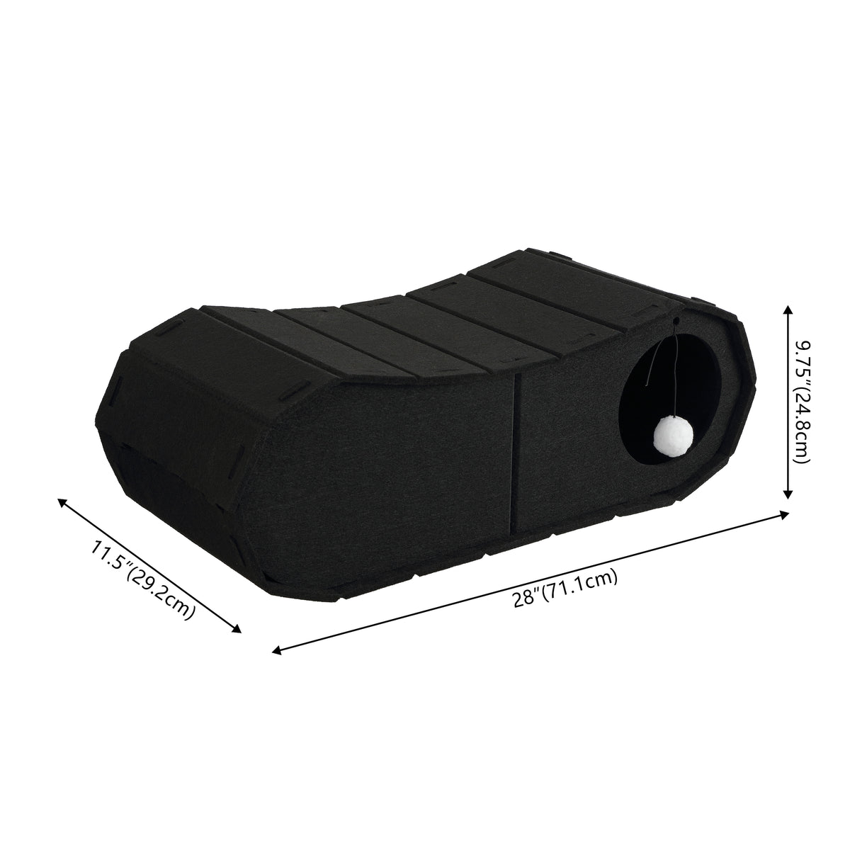 Miles 28 in. Modern Felt Cat Bed Cave Tunnel Scratcher and Lounge Bed with Hanging Ball Toy - Black