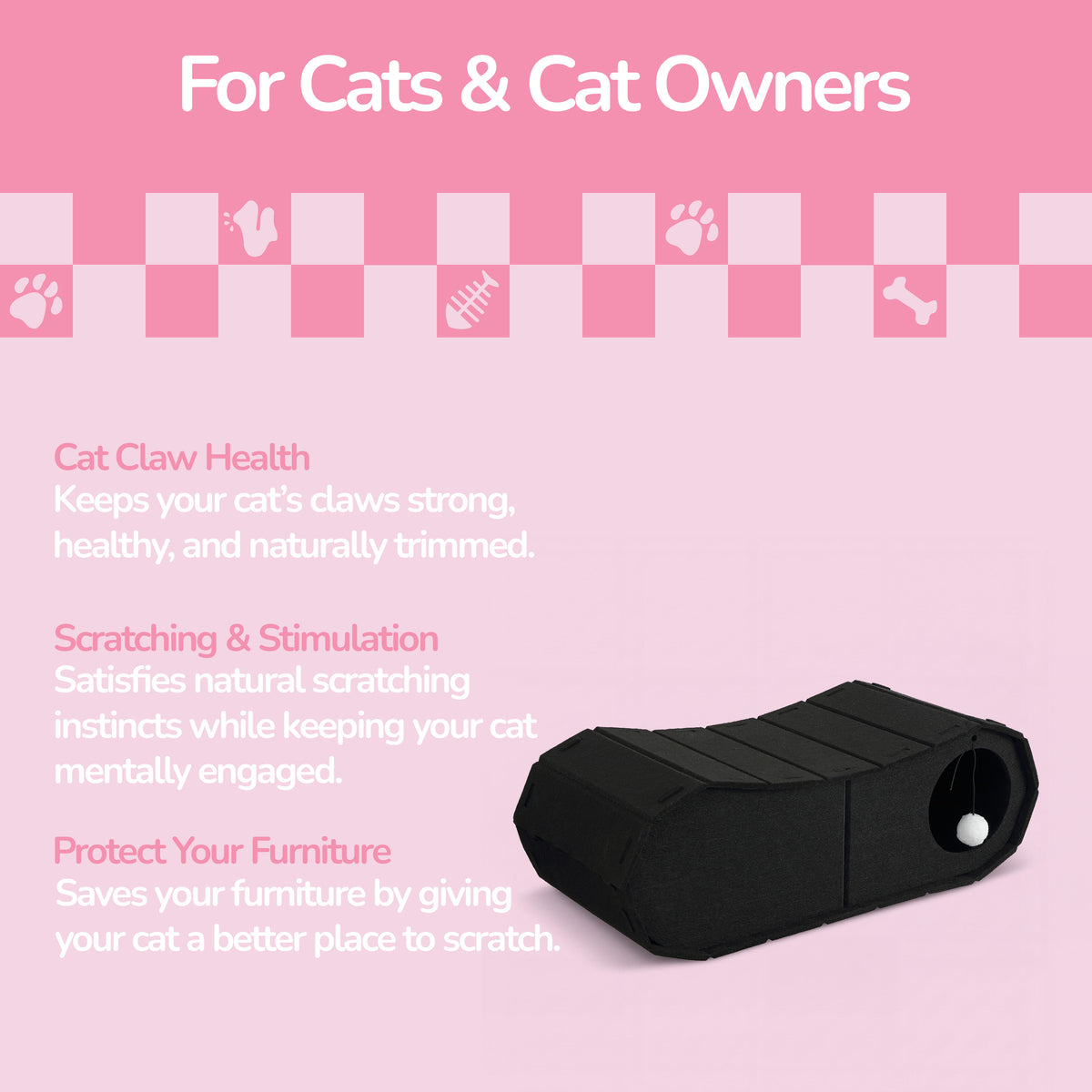 Miles 28 in. Modern Felt Cat Bed Cave Tunnel Scratcher and Lounge Bed with Hanging Ball Toy - Black