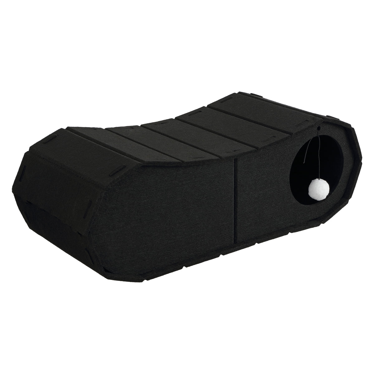 Miles 28 in. Modern Felt Cat Bed Cave Tunnel Scratcher and Lounge Bed with Hanging Ball Toy - Black