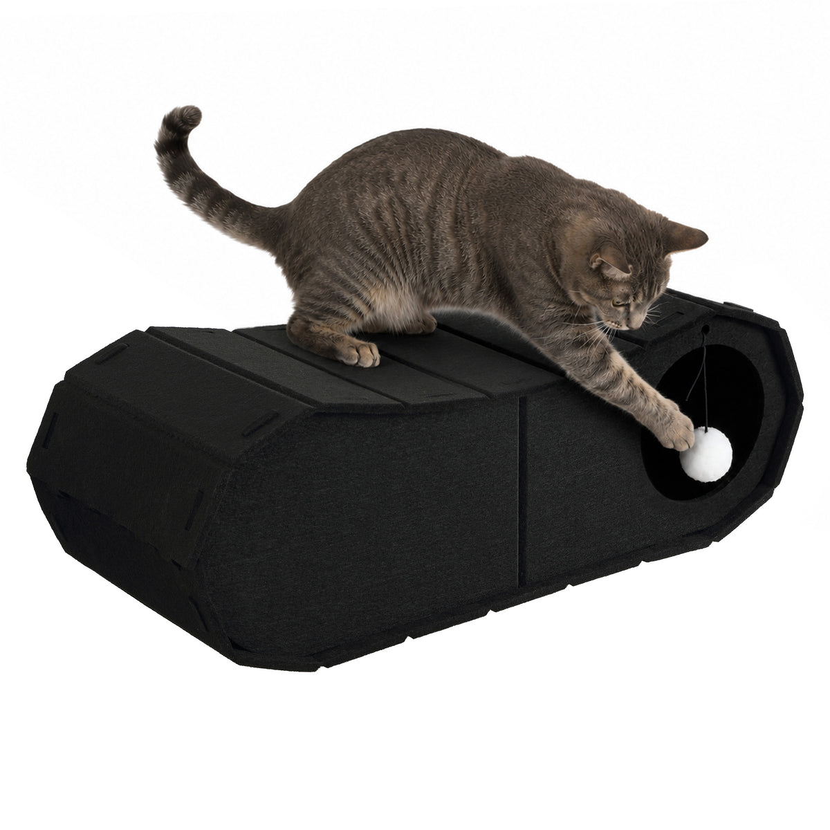 Miles 28 in. Modern Felt Cat Bed Cave Tunnel Scratcher and Lounge Bed with Hanging Ball Toy - Black