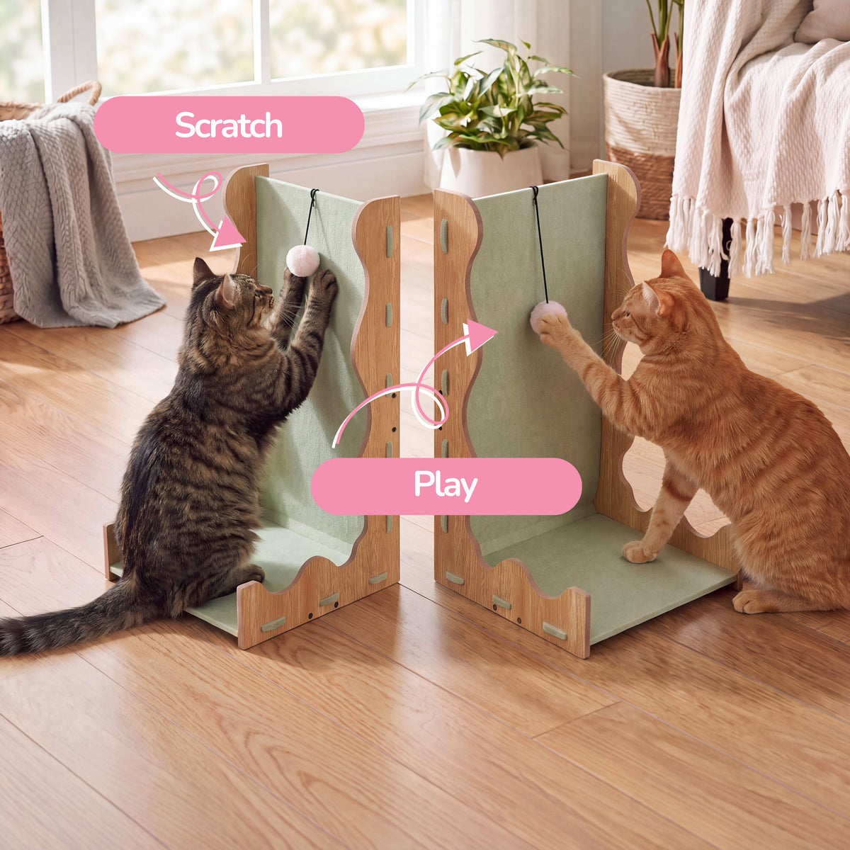 Toby 22 in. Modern L-Shaped Felt Cat Scratcher with Hanging Ball Toy - Sage Green